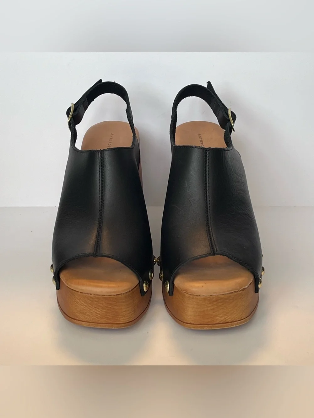 Anthropologie Black Leather Studded Slingback Wedge Sandals Peep Toe US 8 EU 38